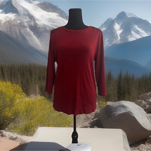 Ralph Lauren Rib-Knit Top Red w/Brown Faux Suede Epaulets Size 1X (Fits Like L) - Picture 1 of 6